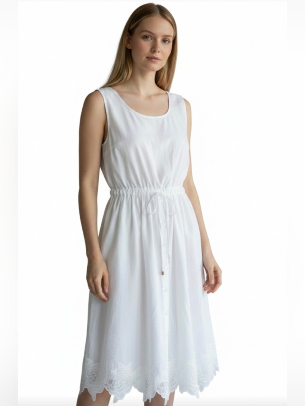 IVANKA TRUMP! WHITE 100% COTTON TIE WAIST, LACE HEMLINE SUMMER DRESS! SZ M